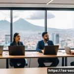 보안솔루션 컨설팅에서의 팀워크와 협업 - A modern cybersecurity consulting team in a bright, spacious office in Mexico City, featuring divers...