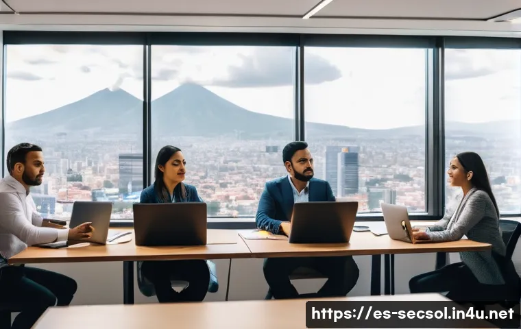 보안솔루션 컨설팅에서의 팀워크와 협업 - A modern cybersecurity consulting team in a bright, spacious office in Mexico City, featuring divers...