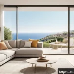 보안솔루션 업계 트렌드 분석 - A modern Spanish home interior featuring advanced AI-powered security devices: smart cameras with fa...