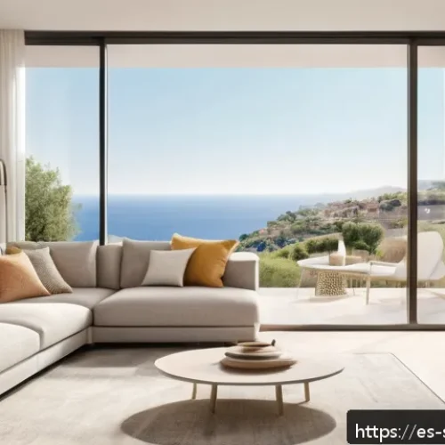 보안솔루션 업계 트렌드 분석 - A modern Spanish home interior featuring advanced AI-powered security devices: smart cameras with fa...