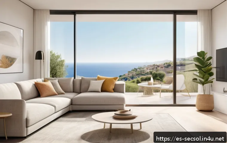 보안솔루션 업계 트렌드 분석 - A modern Spanish home interior featuring advanced AI-powered security devices: smart cameras with fa...