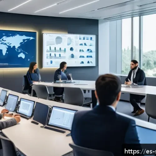 보안솔루션 컨설팅과 GDPR 준수 사례 - A modern corporate office environment with diverse professionals engaged in a cybersecurity training...