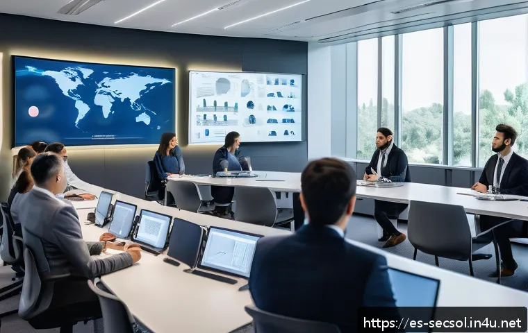 보안솔루션 컨설팅과 GDPR 준수 사례 - A modern corporate office environment with diverse professionals engaged in a cybersecurity training...