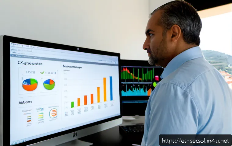 보안솔루션 ROI 분석 방법 - Photorealistic modern Spanish small-business office, a middle-aged cybersecurity manager and financi...