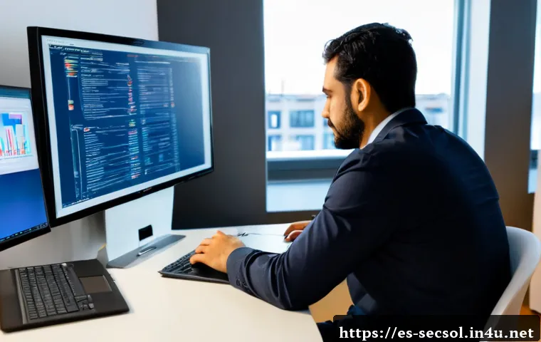 보안솔루션 컨설턴트 이론 필수 학습 주제 - Photorealistic cybersecurity consultant in a modern Madrid office, Hispanic professional studying ne...